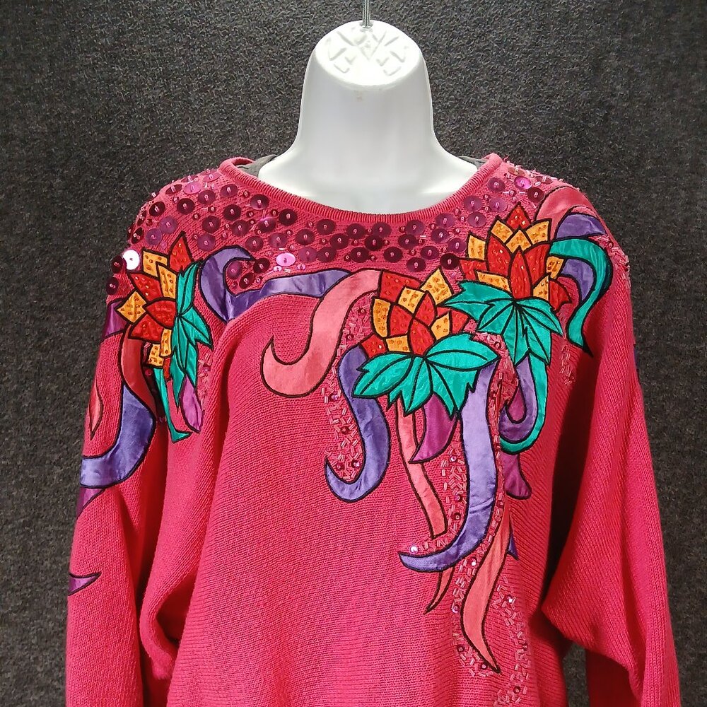 Vintage Victoria Harbour Beaded Floral Appliqué Knit Sweater